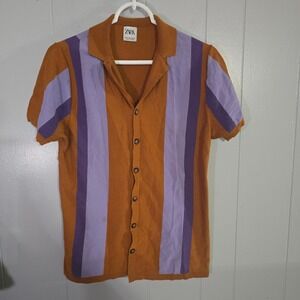 Zara Knit Button Down Shirt Mens Medium Orange Purple Striped Short Sleeve Retro